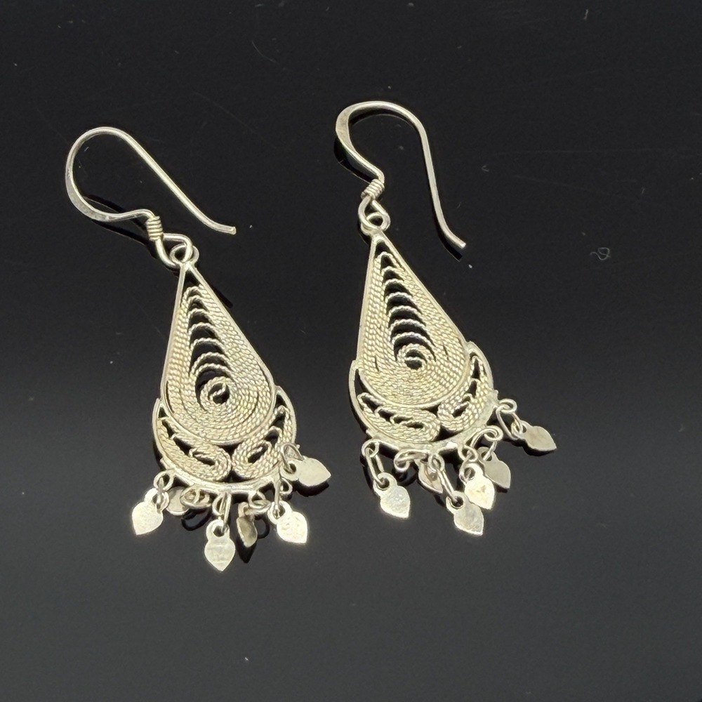 Vtg Sterling 925 Spun Silver Earrings Filigree Dangle Drop Cannetille Chandelier